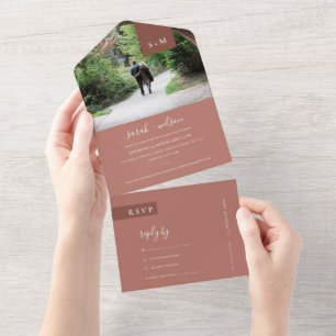 MINIMAL TERRACOTTA RUST MONOGRAM WEDDING PHOTO AL ALL IN ONE INVITATION