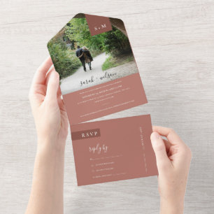 MINIMAL TERRACOTTA RUST MONOGRAM WEDDING PHOTO ALL ALL IN ONE INVITATION