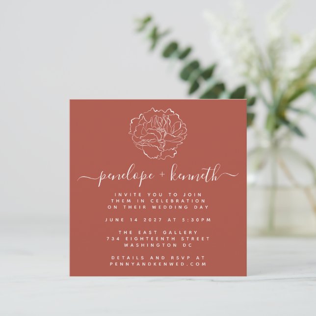 Minimal Terracotta Script Floral Drawing Wedding  Invitation (Standing Front)