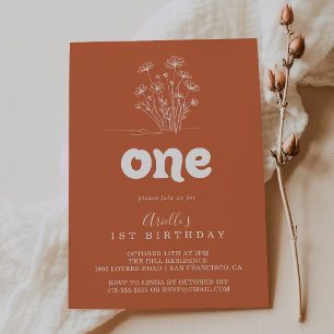 Minimal Terracotta Wildflower First Birthday Party Invitation