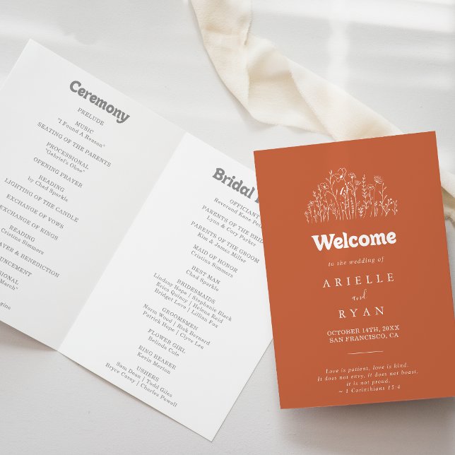 Minimal Terracotta Wildflower Folded Wedding Programme (Creator Uploaded)