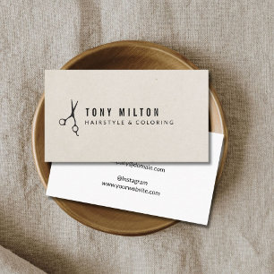 Minimal Texture Beige Black Scissors Hairstylist Business Card