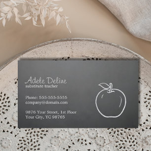 Minimal Texture Grey White Apple Teacher Business Card