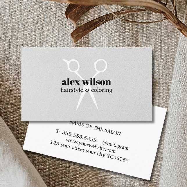 Minimal Texture Grey White Scissors Hairdresser Business Card (Creator Uploaded)