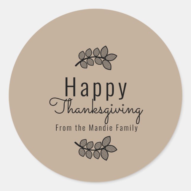 Minimal Thanksgiving Branch Greenery Script Classic Round Sticker (Front)
