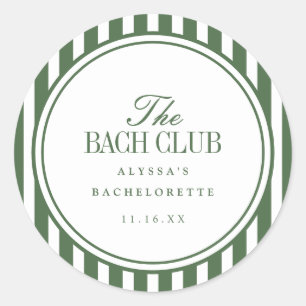 Minimal "The Bach Club" Striped Green Bachelorette Classic Round Sticker