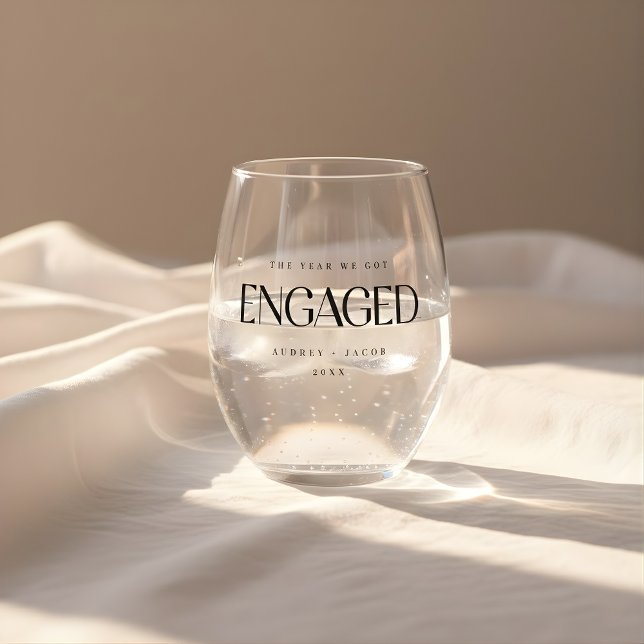 Minimal "The Year We Got Engaged" Custom Names Stemless Wine Glass (Creator Uploaded)