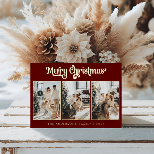 Minimal Three Photo Burgundy Red Merry Christmas  Foil Holiday Card