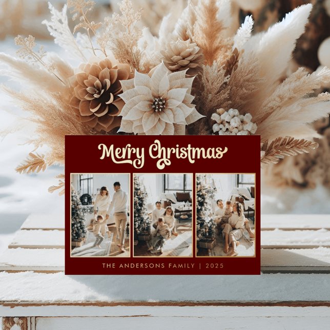 Minimal Three Photo Burgundy Red Merry Christmas  Foil Holiday Card (Creator Uploaded)