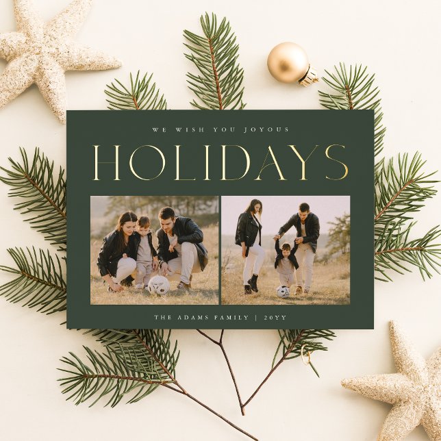 Minimal Three Photo Green Family Photo Foil Holiday Card (Creator Uploaded)