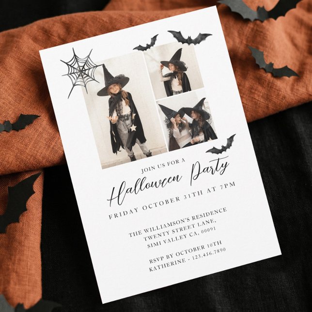 Minimal Three Photo Spooky Bats Halloween Party Invitation (Minimalist Kid Photo Spooky Bat Halloween Party Invitation)
