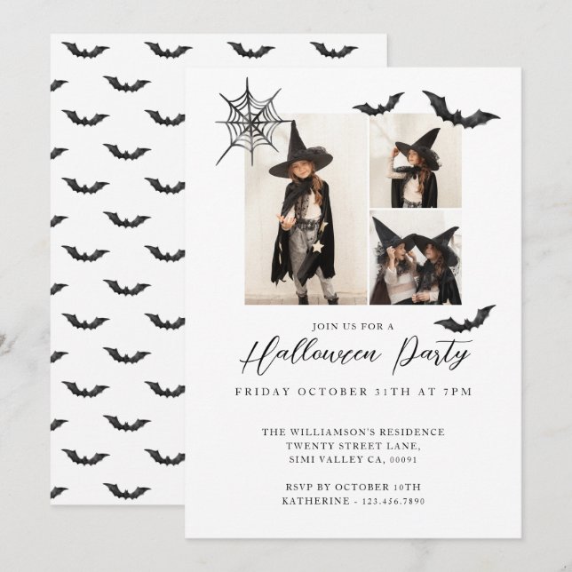 Minimal Three Photo Spooky Bats Halloween Party Invitation (Front/Back)