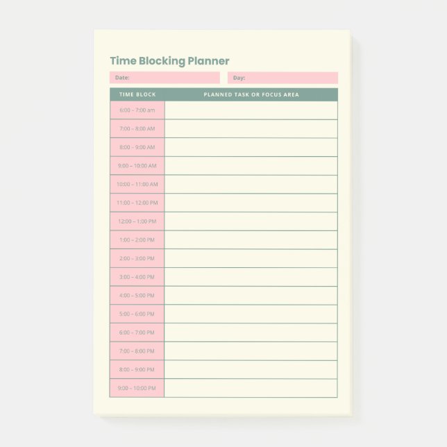 Minimal Time Blocking Planner Pink Layout Post-it Notes (Front)