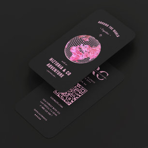 Minimal Tour Guide Travel Agency Black Pink Globe Business Card