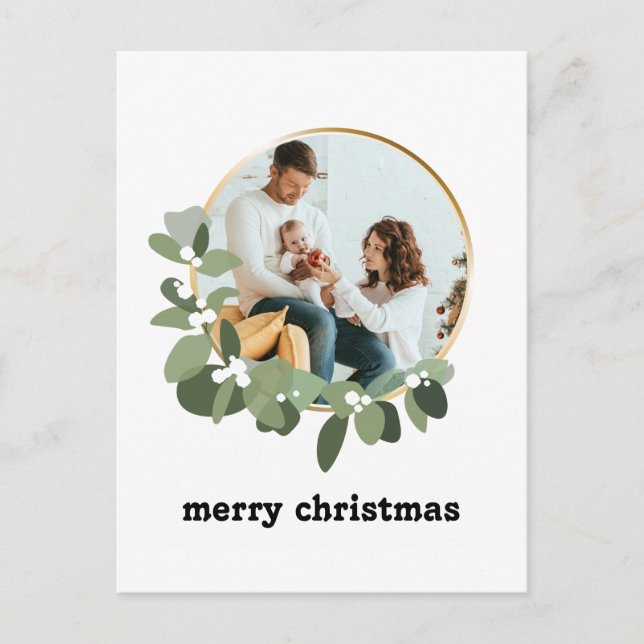 Minimal Trendy Merry Christmas Wreath Family Photo Postcard (Front)