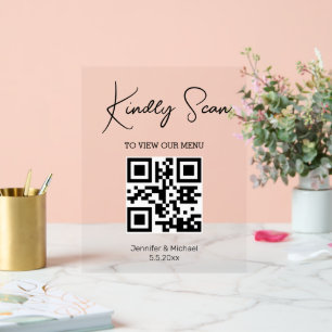 minimal trendy qr code wedding menu acrylic sign