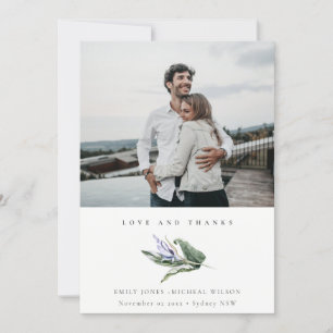 Minimal Tropical Leafy Blue Floral Photo Wedding Thank You Card