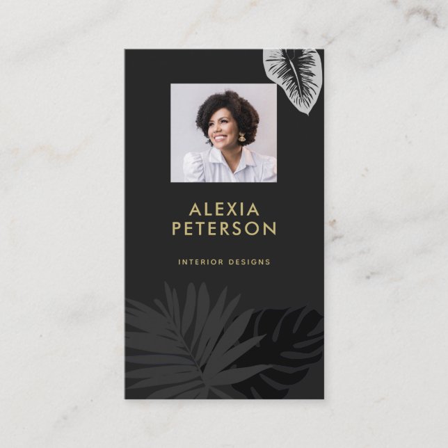 Minimal Tropical Modern Corporate Black Gold Photo Business Card (Front)