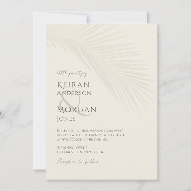 Minimal Tropical Palm Leaf Boho Beach Wedding Invitation (Front)