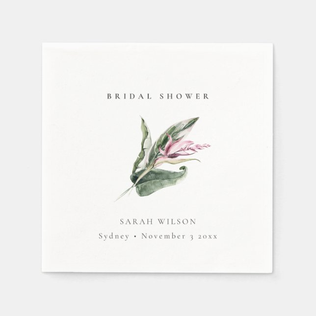 Minimal Tropical Pink Leafy Floral Bridal Shower Napkin (Front)