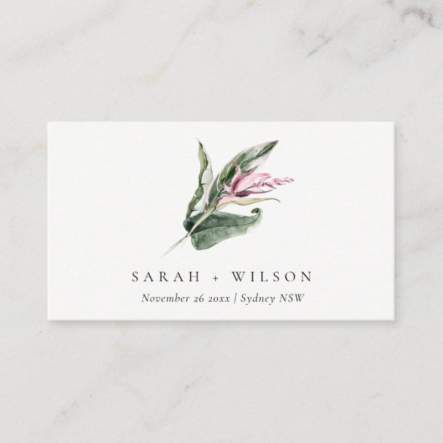 Minimal Tropical Pink Leafy Floral Wedding Website Business Card (Front)