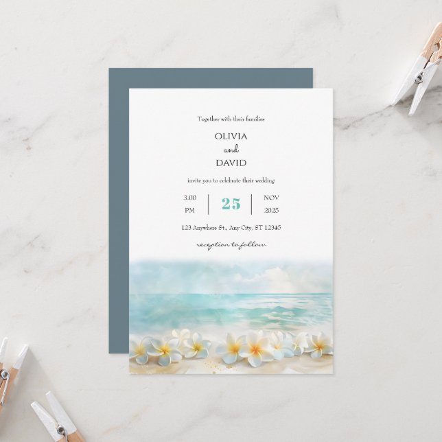 Minimal Turquoise Sea Plumeria Flowers Wedding  Invitation (Front/Back In Situ)
