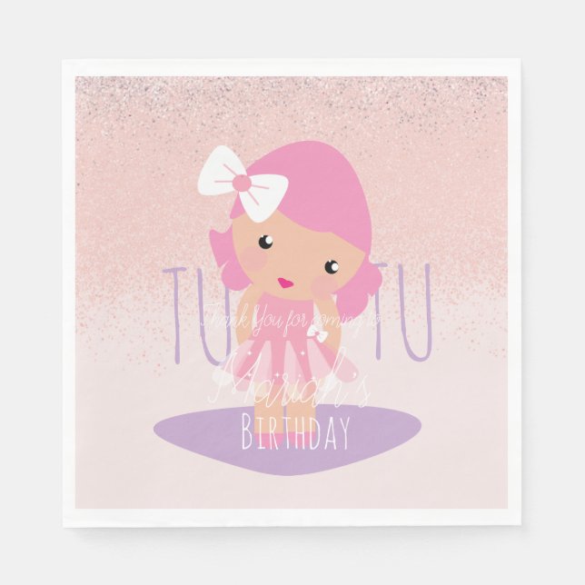 Minimal Tutu Girl's Birthday Cartoon Pink Glitter  Napkin (Front)