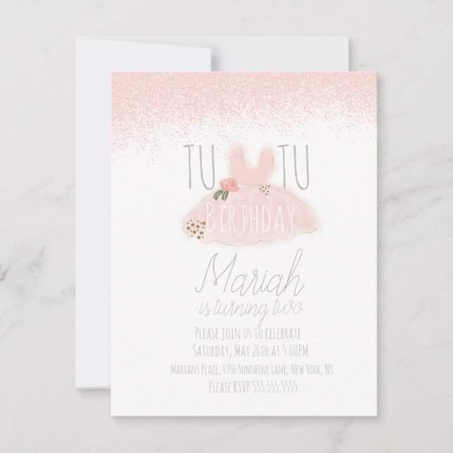Minimal Tutu Girl's Birthday Turning Two Glitter  Invitation (Front)