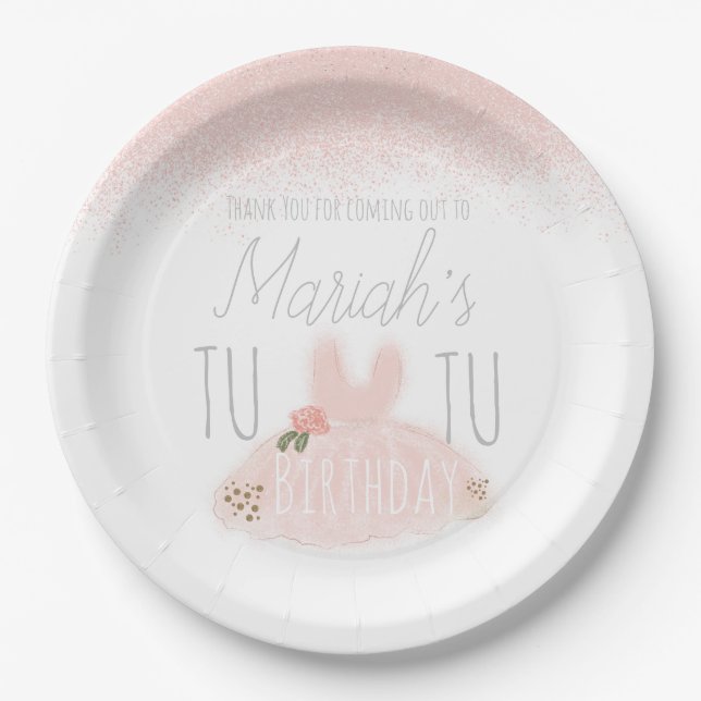 Minimal Tutu Girl's Birthday Turning Two Glitter  Paper Plate (Front)
