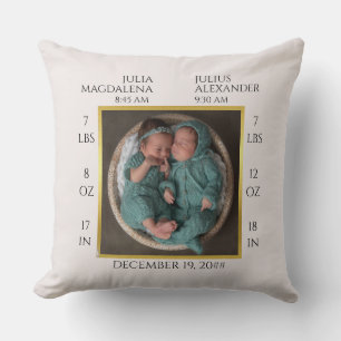 Minimal Twin Baby Name Birth Stats Photo Keepsake Cushion