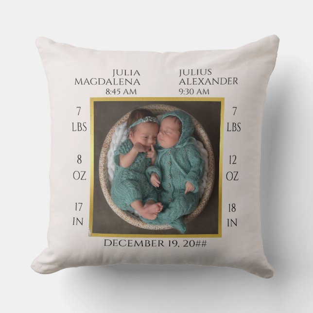 Minimal Twin Baby Name Birth Stats Photo Keepsake Cushion (Front)