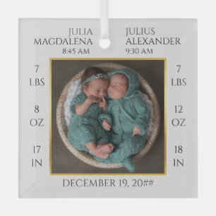 Minimal Twin Baby Name Birth Stats Photo Keepsake Glass Tree Decoration
