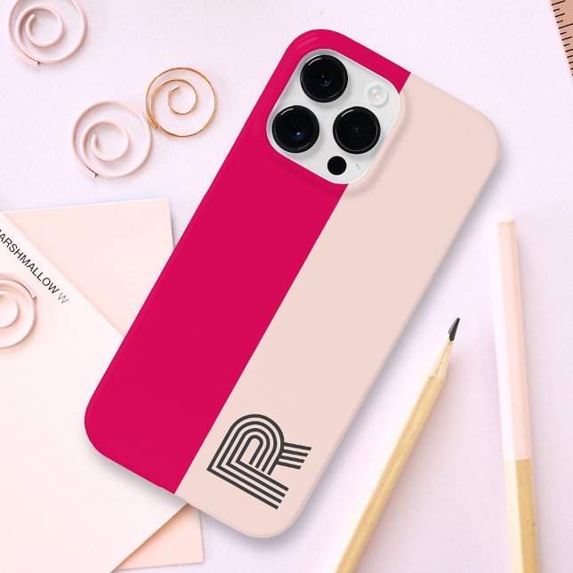 Minimal Two Colour Block Rose Raspberry Monogram iPhone Case (Creator Uploaded)