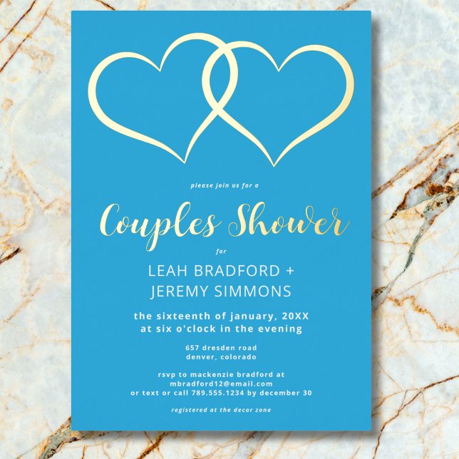 Minimal Two Hearts French Blue Couples Shower (Minimal Two Hearts French Blue Couple Shower Photo Foil Invitation)