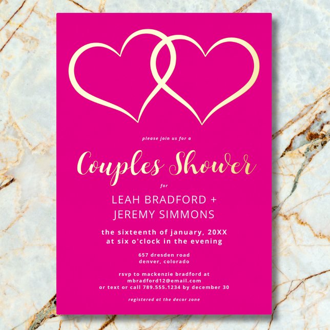 Minimal Two Hearts Hot Pink Couples Shower (Minimal Two Hearts Sunset Orange Couples Shower Foil Invitation)