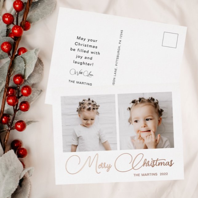 Minimal Two Photo Christmas Foil Holiday Postcard (Creator Uploaded)