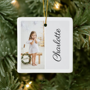 Minimal Two Photo Customised Name White Ceramic Ornament
