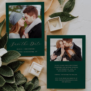 Minimal Two-Photo Emerald Green Blush Script Save The Date