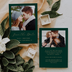 Minimal Two-Photo Emerald Green Gold Script Save The Date