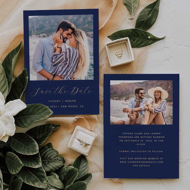 Minimal Two Photo Navy Blue Gold Script Save The Date (Creator Uploaded)