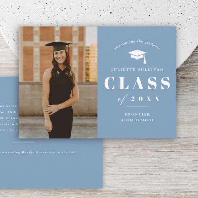 Minimal Type Photo Graduation Party Invitation (Minimal type light blue photo graduation invitations.)