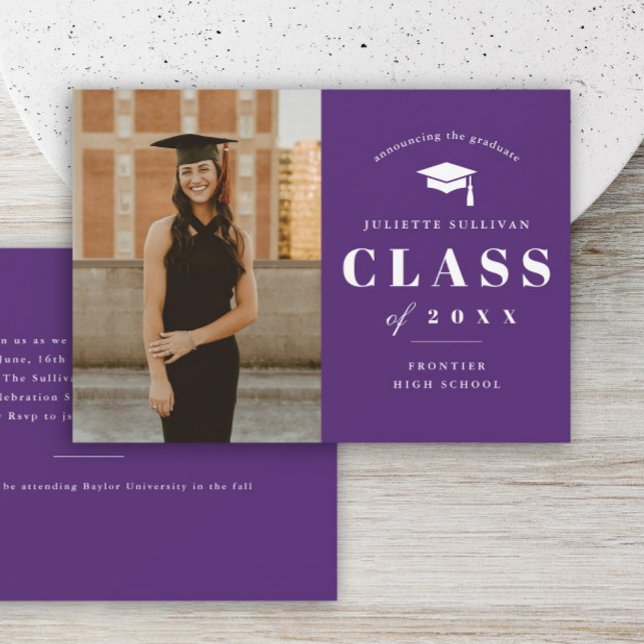 Minimal Type Photo Graduation Party Invitation (Purple Photo Graduation Invitation Announcement Card.)