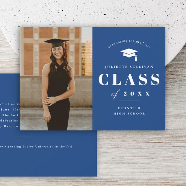 Minimal Type Photo Graduation Party Invitation (Blue Photo graduation invitation announcement card.)