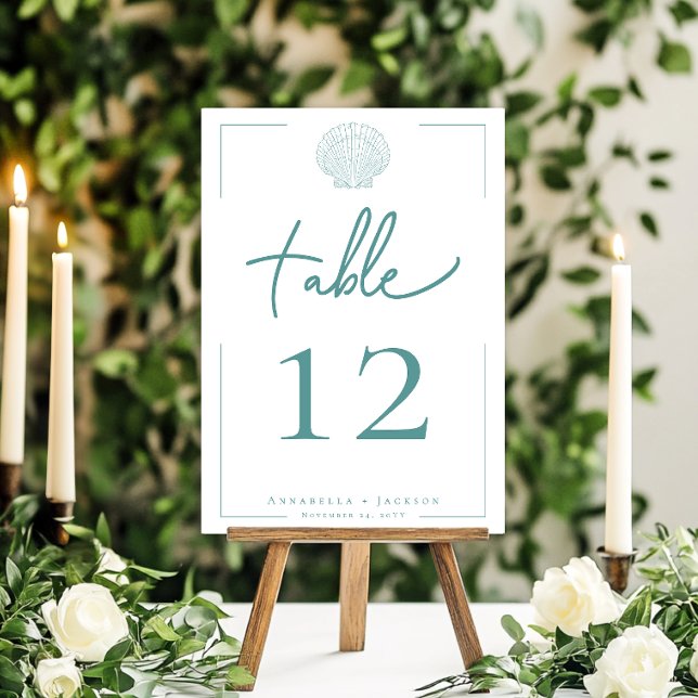 Minimal Typography Aqua & White Seashell Wedding Table Number (Minimal Typography Aqua & White Seashell Wedding Table Number Card)