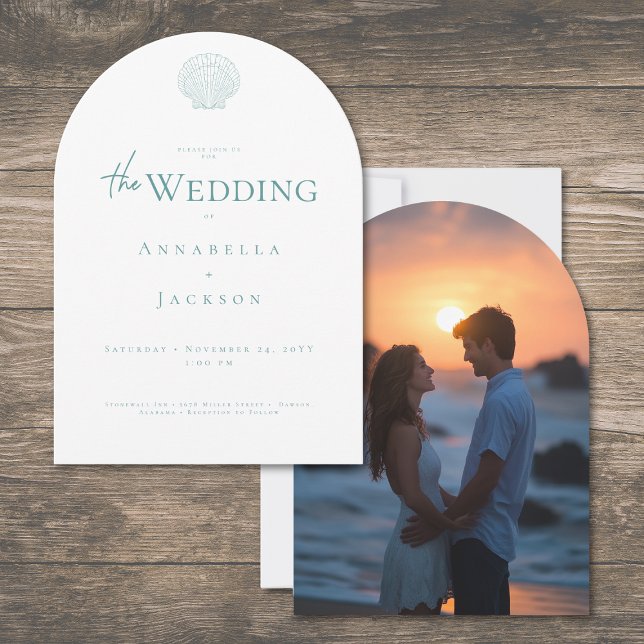 Minimal Typography Aqua White Shell Photo Wedding Invitation (Minimal Typography Aqua White Shell Photo Arch Wedding Invitation)