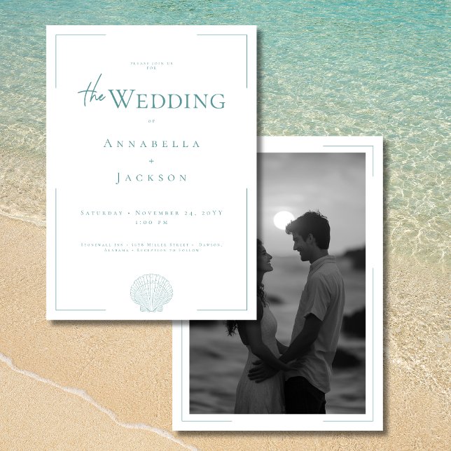 Minimal Typography Aqua White Shell Photo Wedding Invitation (Minimal Typography Aqua White Shell Photo Wedding Invitation)