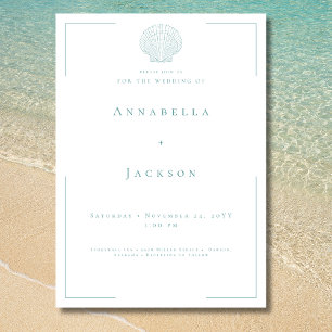 Minimal Typography Aqua & White Shell Wedding Invitation