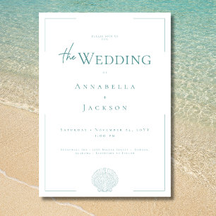 Minimal Typography Aqua & White Shell Wedding Invitation