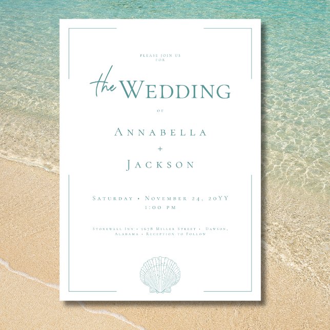 Minimal Typography Aqua & White Shell Wedding Invitation (Minimal Typography Aqua White Shell Wedding Invitation)