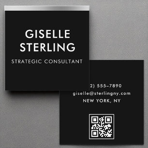 Minimal Typography Black Silver Luxury QR Code  Square Business Card